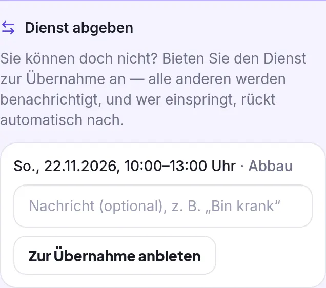 Bildschirmfoto: Eintrag ändern, Kalender abonnieren, Dienst tauschen