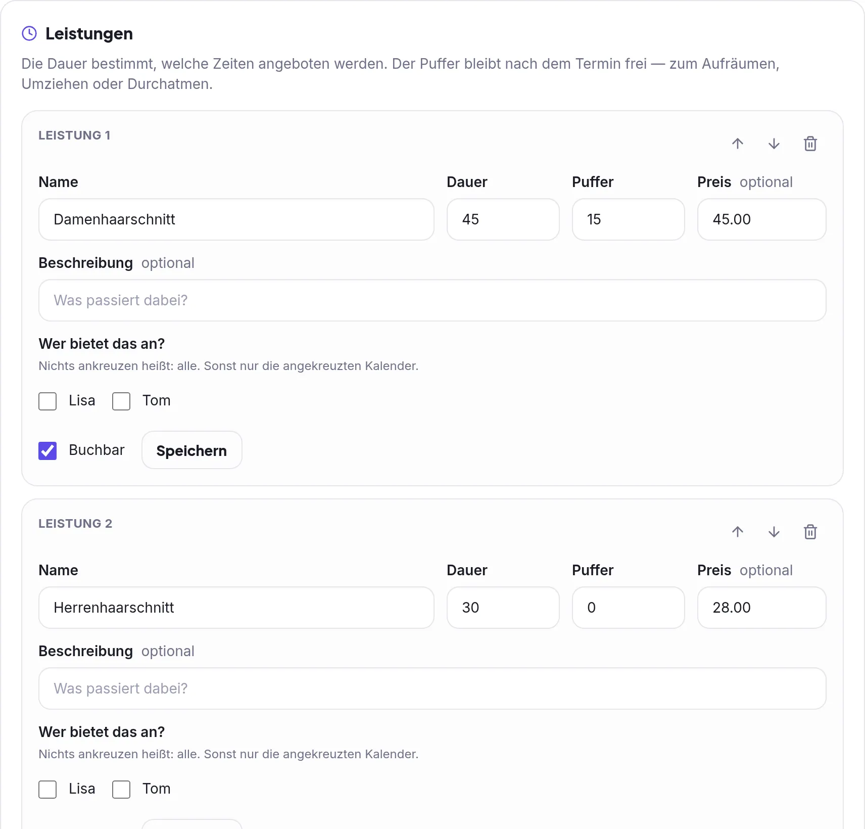 Liste der Leistungen mit Dauer und Preis