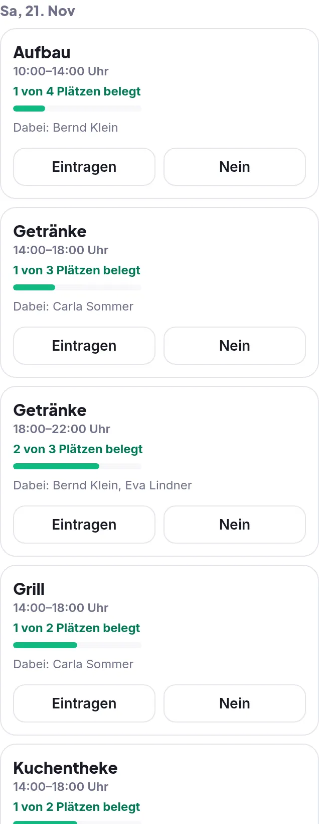 Schichtkarten mit Eintragen-Knöpfen