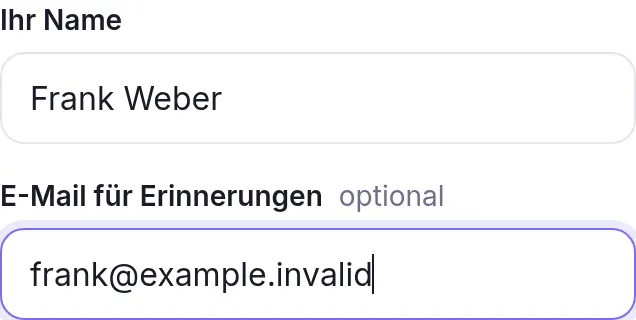 Felder für Name und E-Mail mit Speichern-Knopf