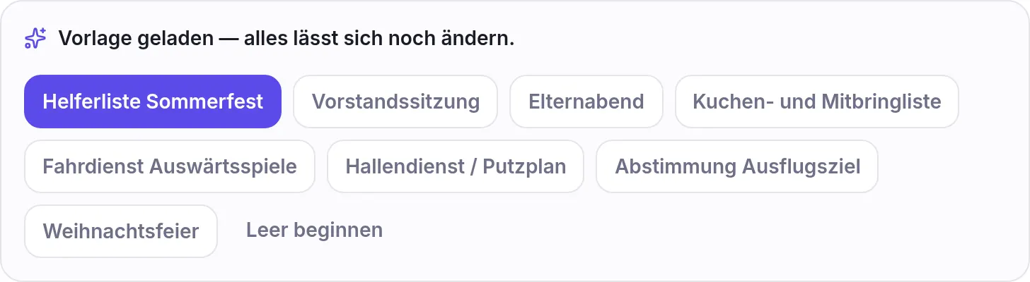 Vorlagenauswahl mit markierter Helferliste Sommerfest