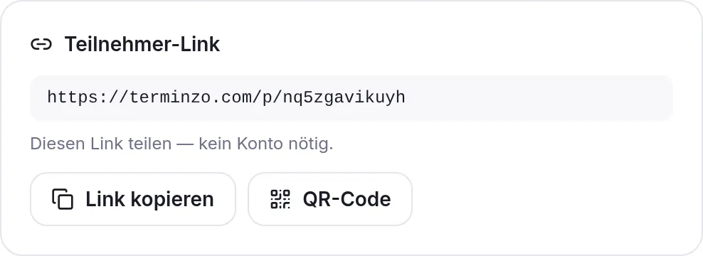 Knöpfe zum Kopieren des Links und für den QR-Code
