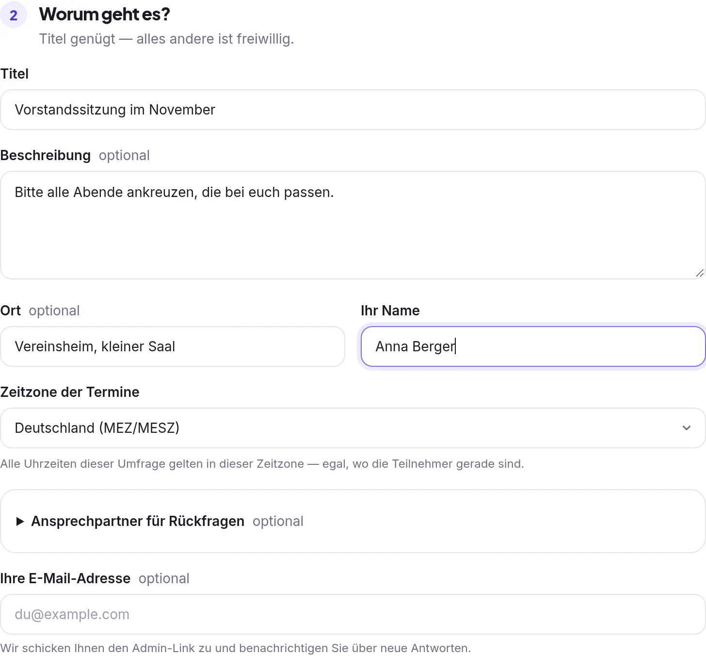 Formularfelder für Titel, Beschreibung und Ort