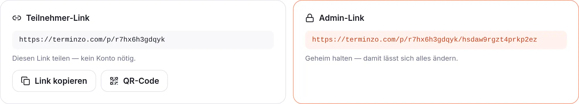Adminbereich mit Teilnehmer-Link und Admin-Link