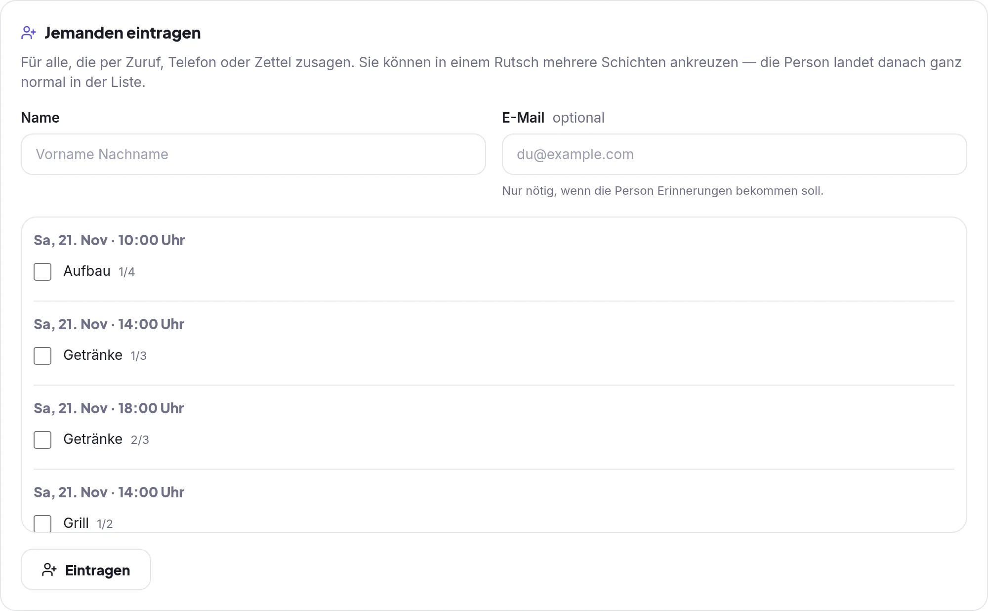 Formular Jemanden eintragen mit Schichten